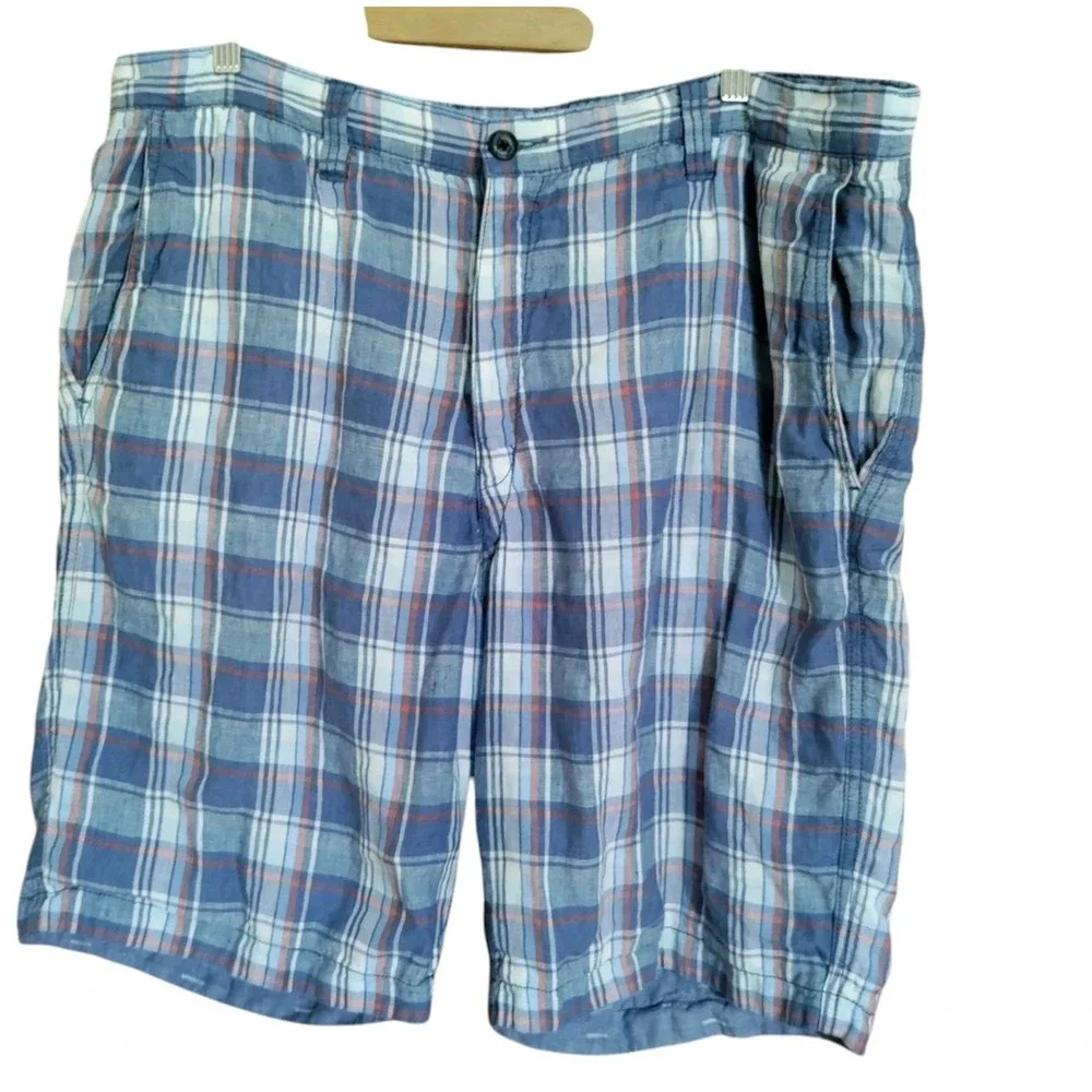 Tommy‎ Bahama Shorts Mens 38 Blue Reversible Linen Plaid Outdoors Beach Relax
